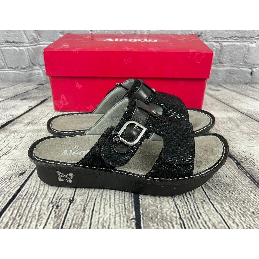 Alegria Peggy Black Dazzler Leather Adjustable Slide Sandals 37 7/7.5 M - Picture 2 of 9